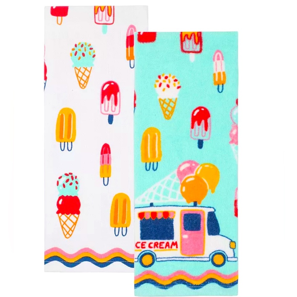 Set of 2 Ice Cream Truck Kitchen Towels Cones Popsicles Scoops Frozen Treats